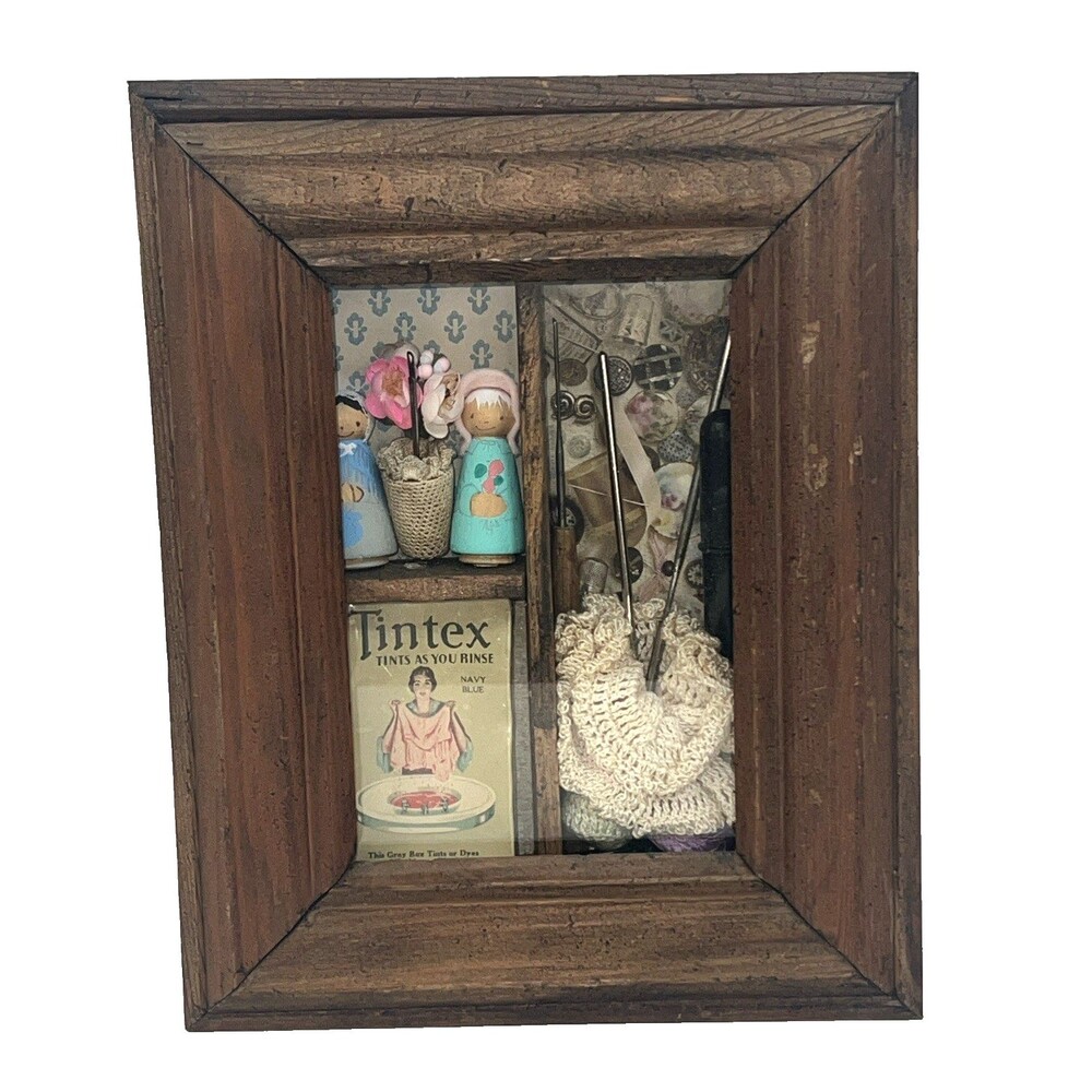 Vintage Handmade Sewing Needlework Wooden Shadowbox Diorama Miniature Figures